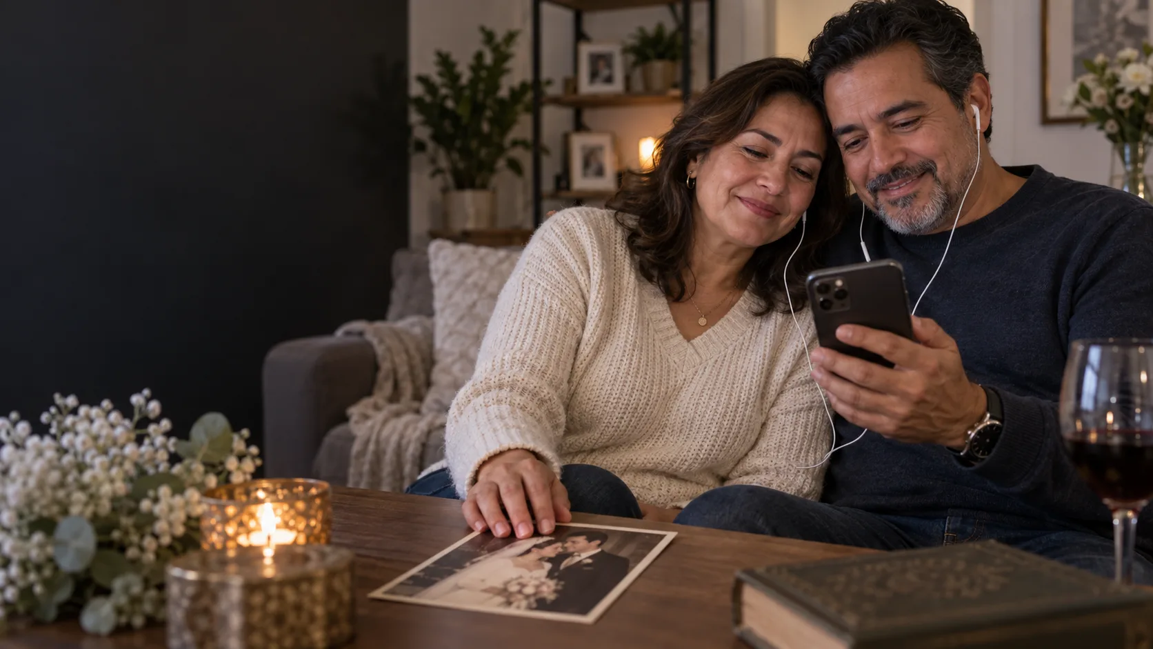 Una pareja escucha una canción junto a una fotografía de su boda