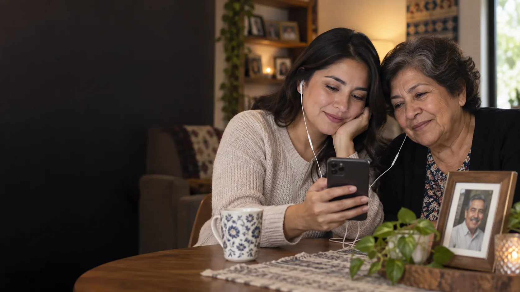 Dos familiares escuchan una canción de homenaje junto a una fotografía