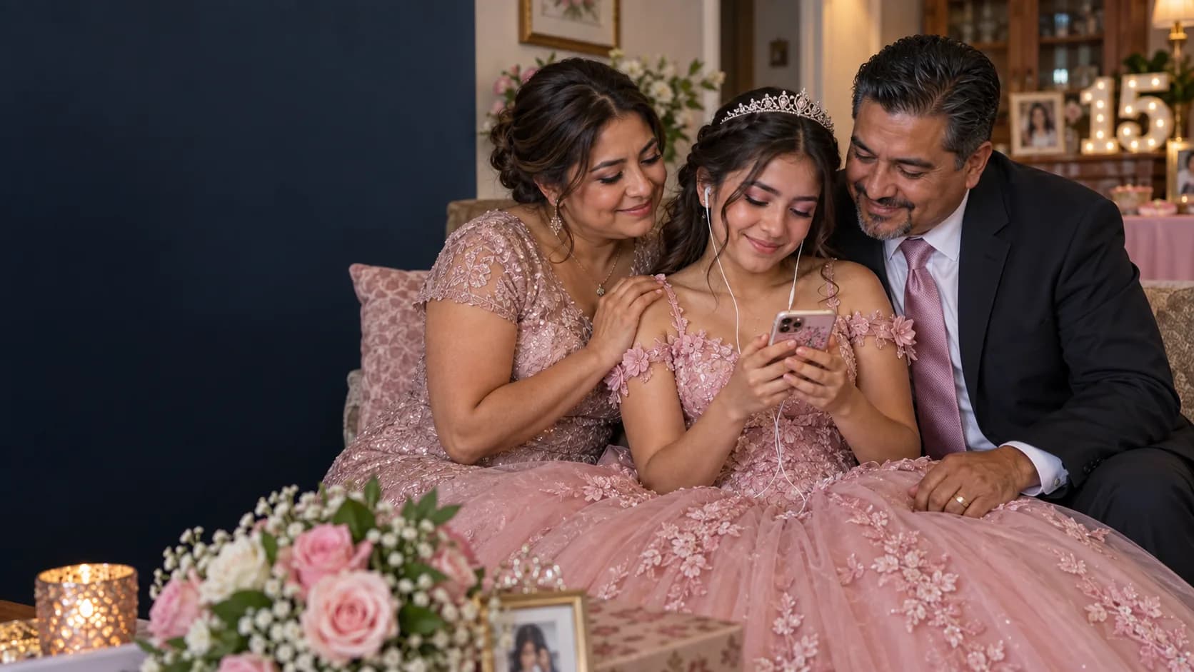 Una quinceañera escucha una canción junto a sus padres