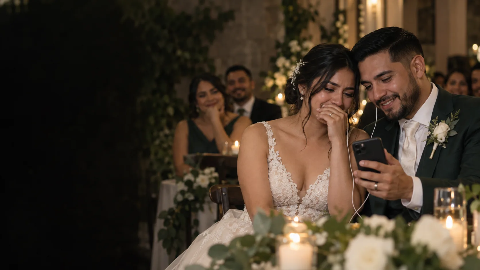 Una pareja escucha una canción durante la celebración de su boda